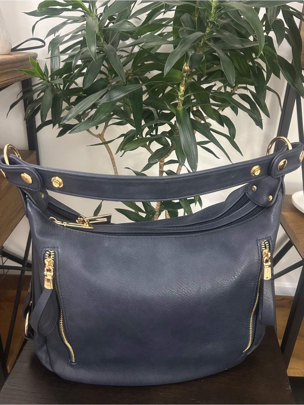 Classic Navy Shoulder Bag with Gold Accents